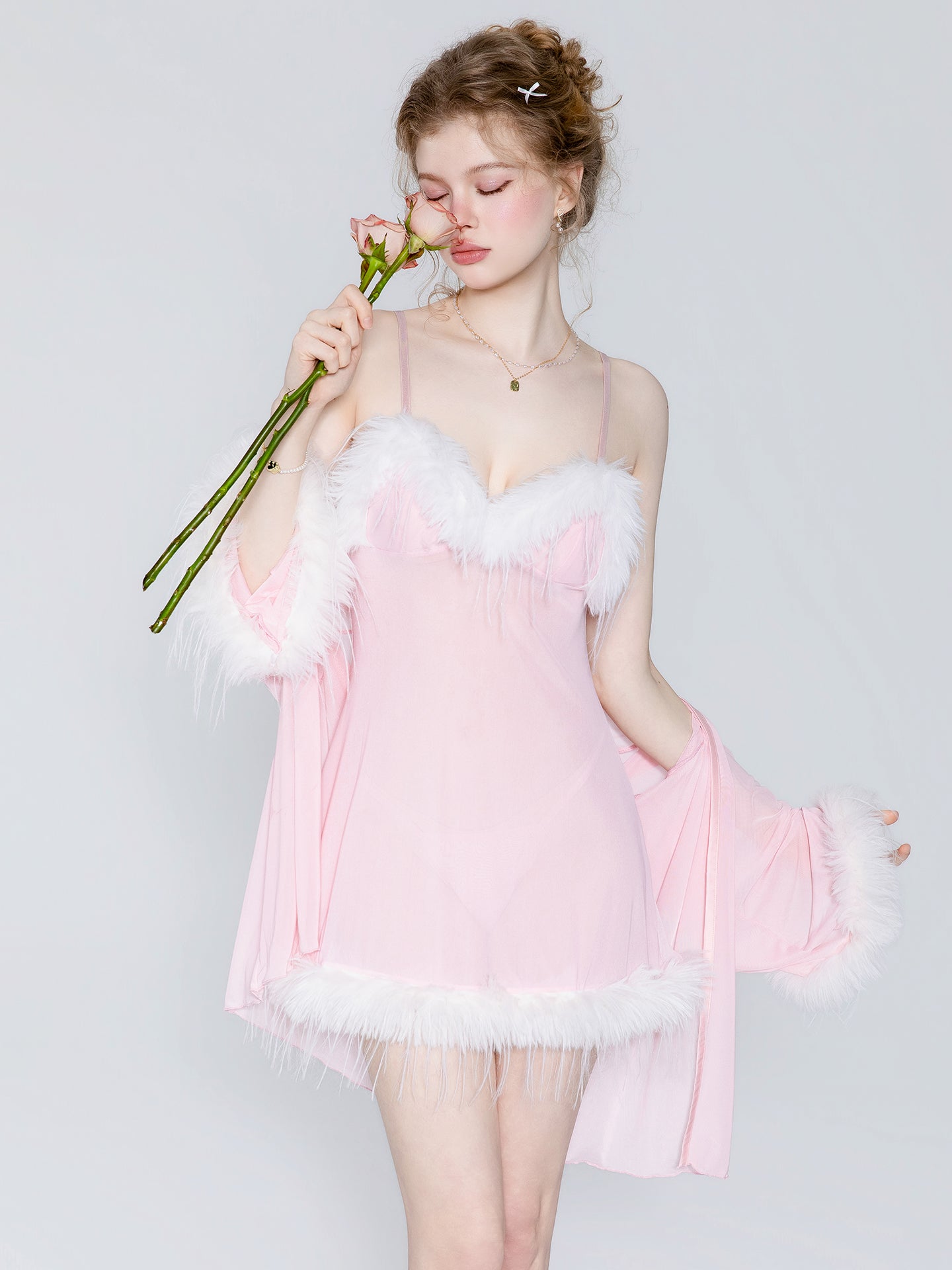 Pink mesh nightgown open front robe layered view