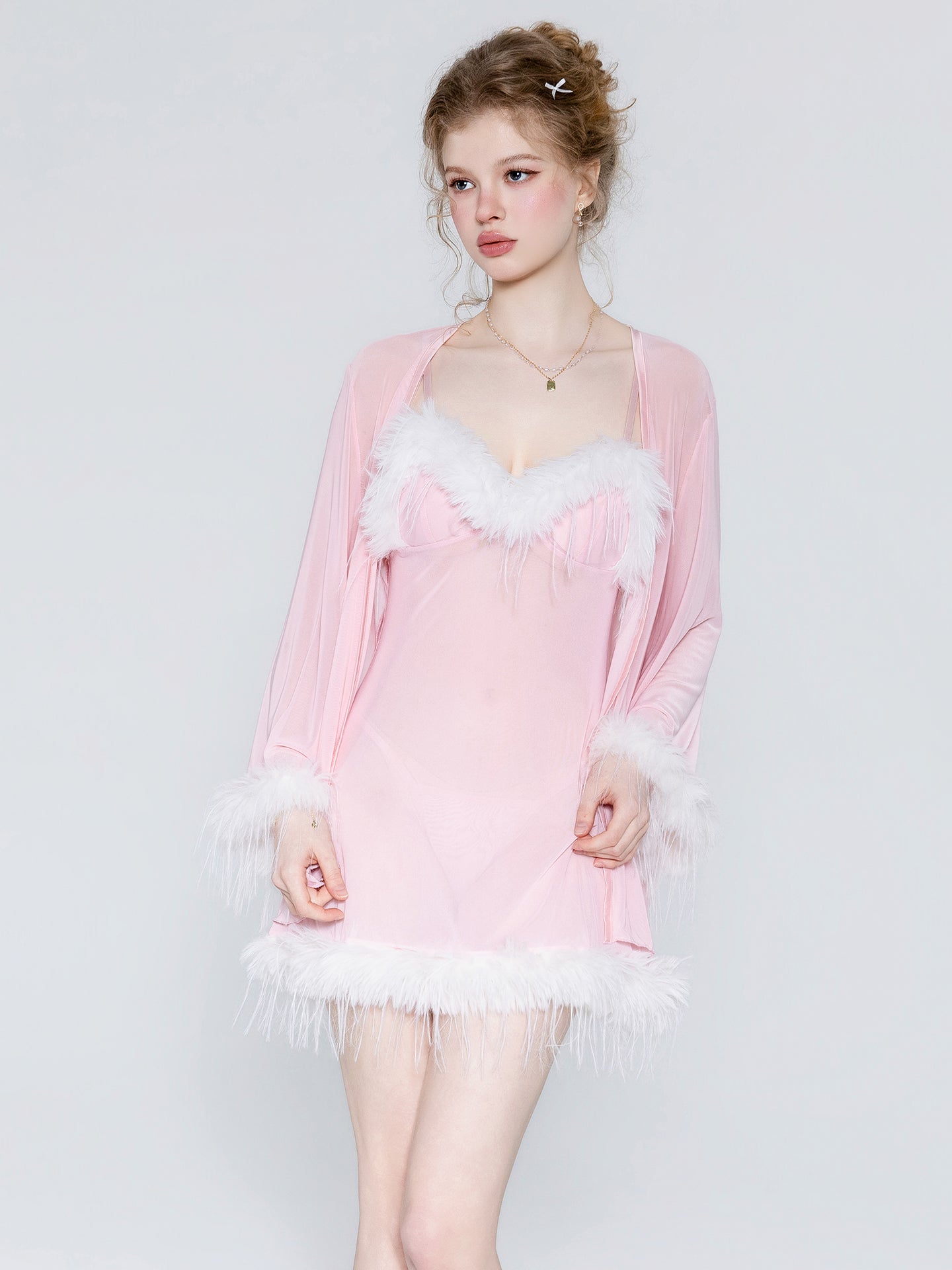Pink long sleeve fringe trim robe front view