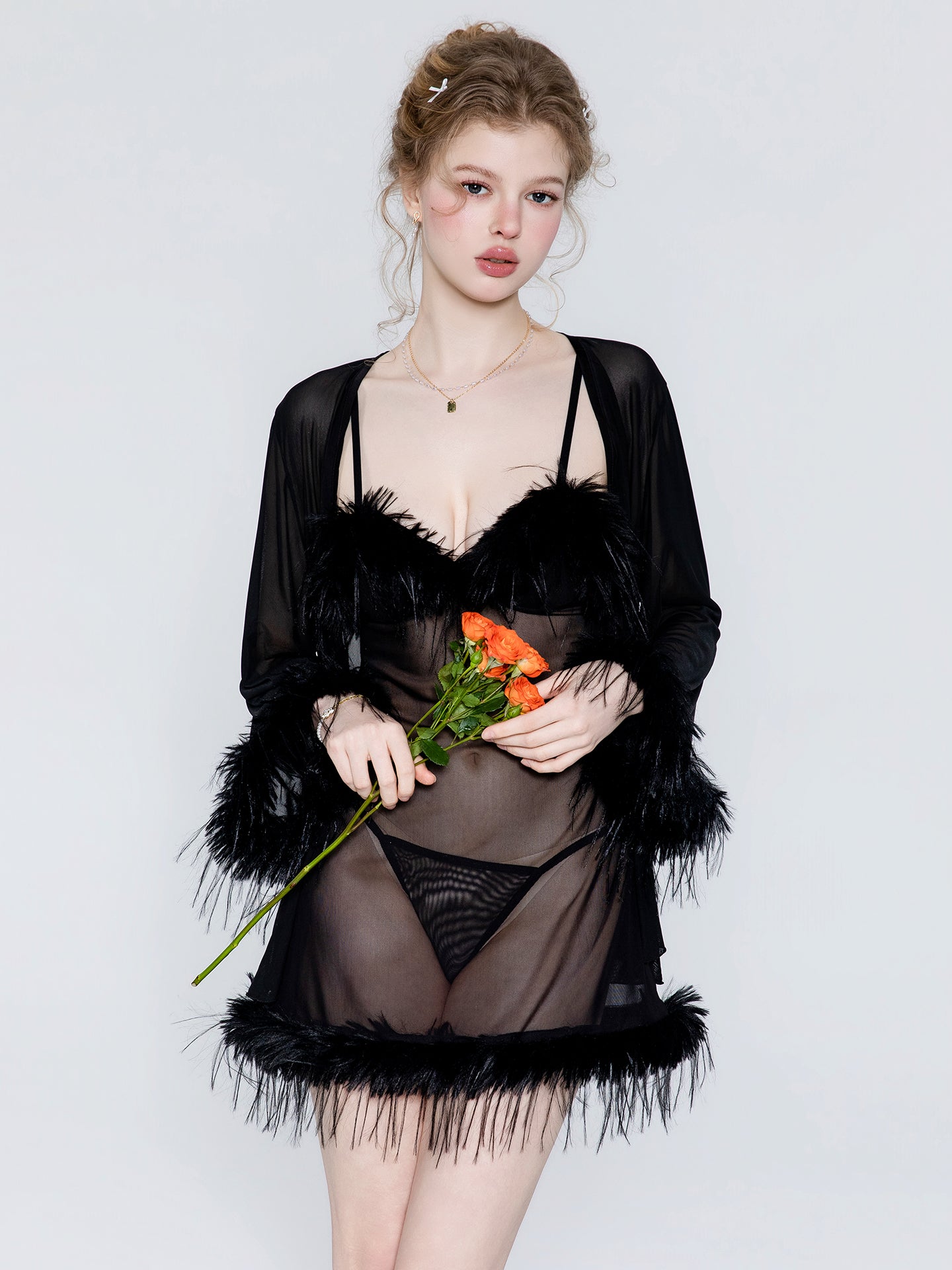 Black mesh nightgown open front robe layered view