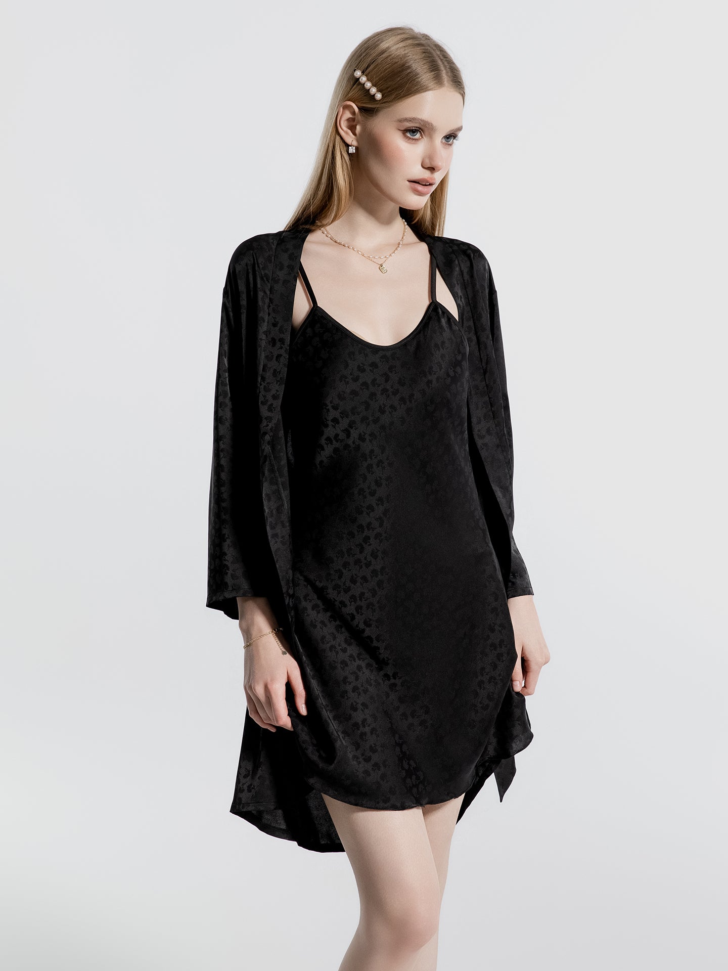 Black satin nightgown open front leopard robe layered view