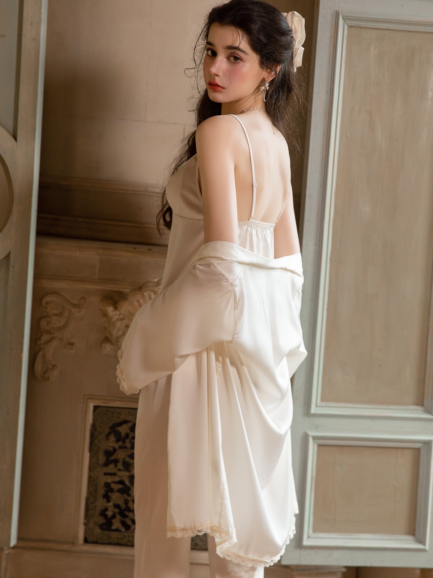 White satin camisole pants set open front robe layered view