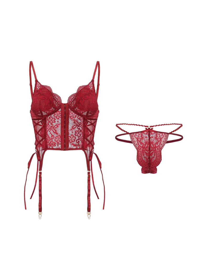 Red lace bustier and strappy panty laid flat showing scalloped cups and side lacing