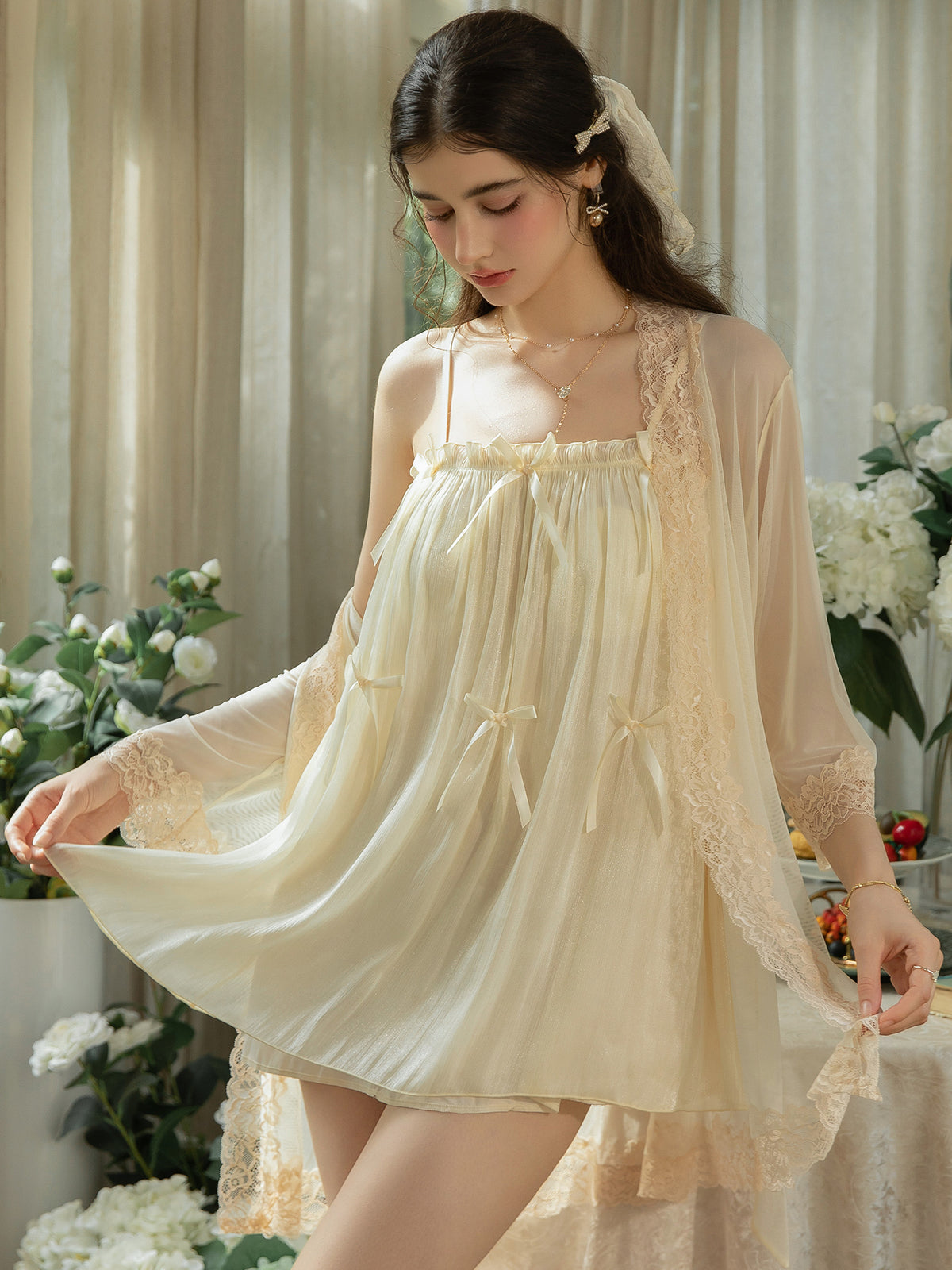 Flared ivory nightgown overlay shown beside robe not included