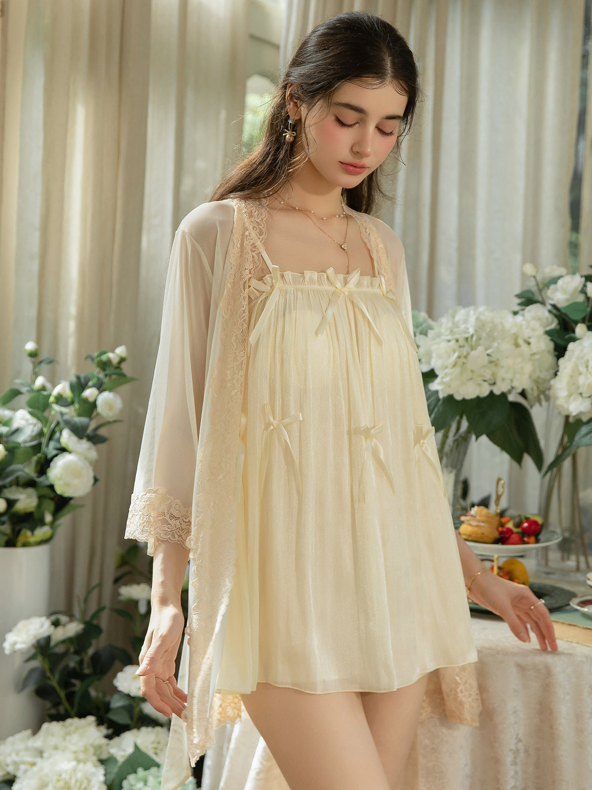 Ivory ribbon bow nightgown styled beneath robe not included
