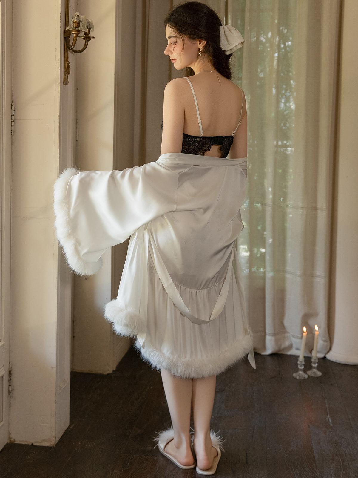 Rear styling view of white Robe worn over Dress sold separately