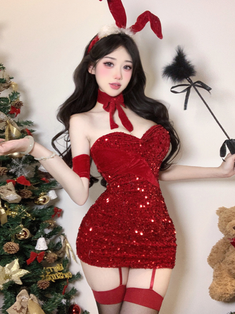 Red Festival Glitter Mini Dress with bunny ears headband and fluffy tail detail