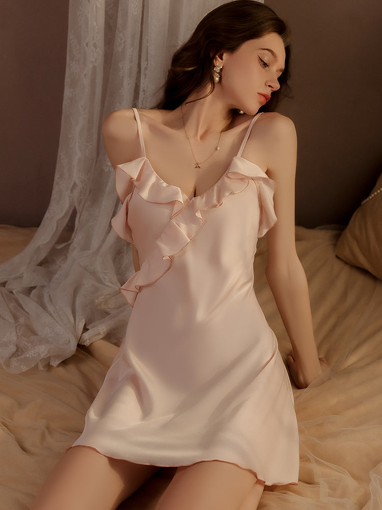 Satin Ruffle Trimmed Slip Dress