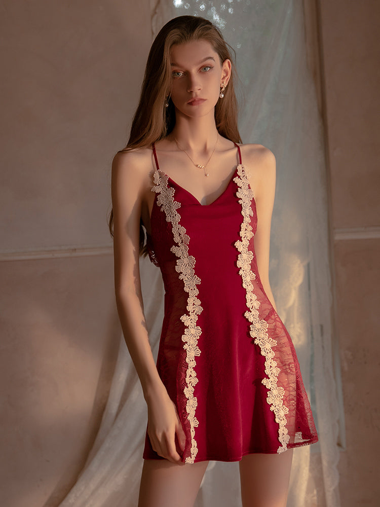 Elegance Redefined: Velvet Chemise with Contrasting Lace Slip