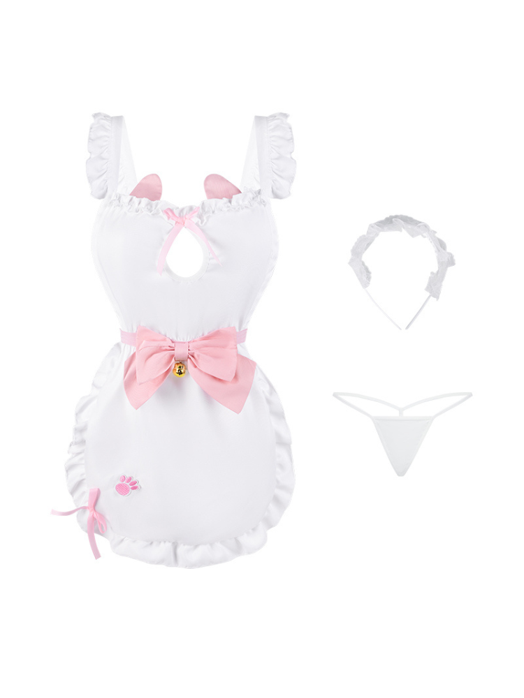 Sexy Maid Outfit White Pink Ruffle Maid Dress Costume Lingerie Set underwear on a white background