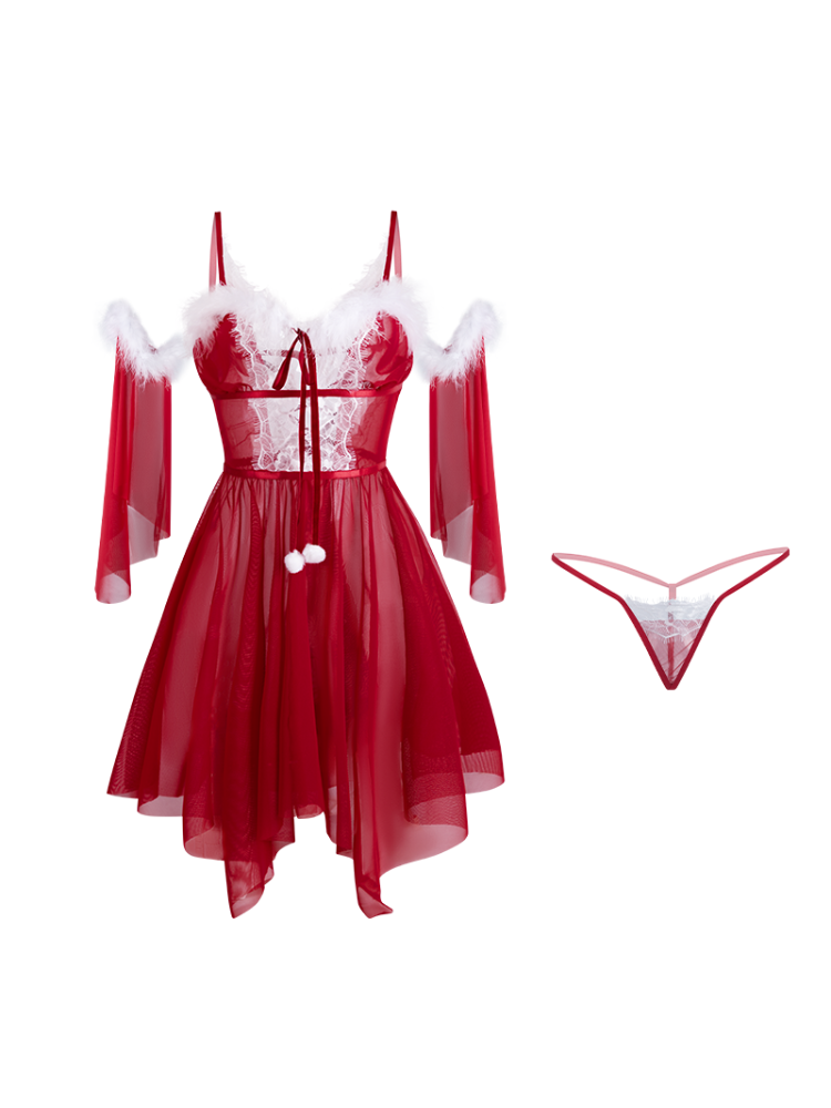 Red dress with white accents and matching garter on a white  background Christmas Red Sheer Lingerie Dress Set Lace Trim Mesh