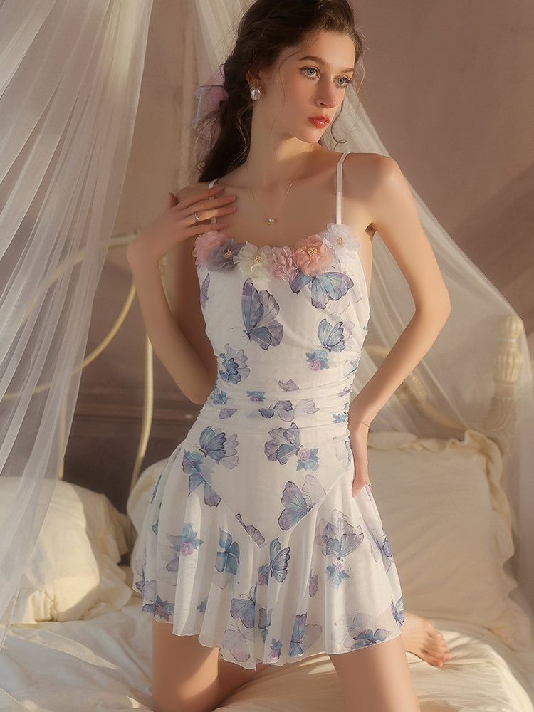 Woman wearing a floral nightgown with a soft, blurred background