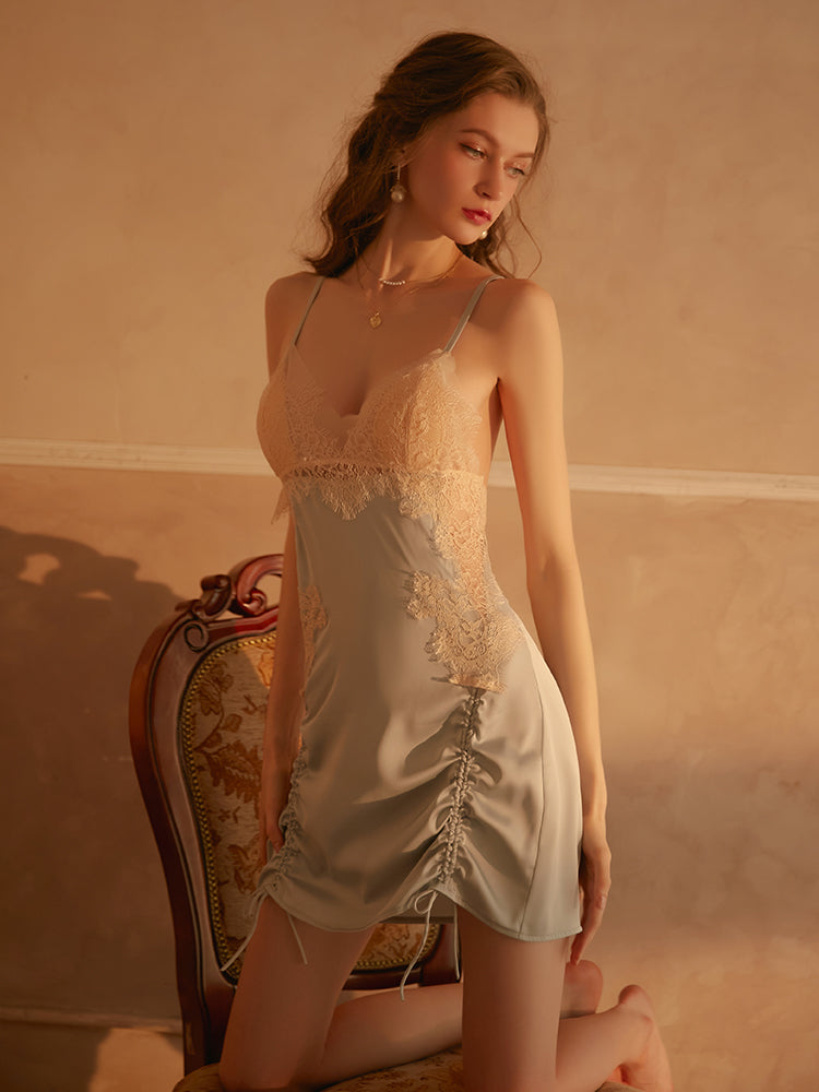 Silken Charm Chemise with Lace Appliqué Open-Back Slip Dress