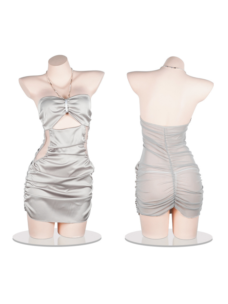 Mannequin display of a grey ruched satin slip dress with metal chain halter straps, lace side panels, and a waist cutout, front and back views.