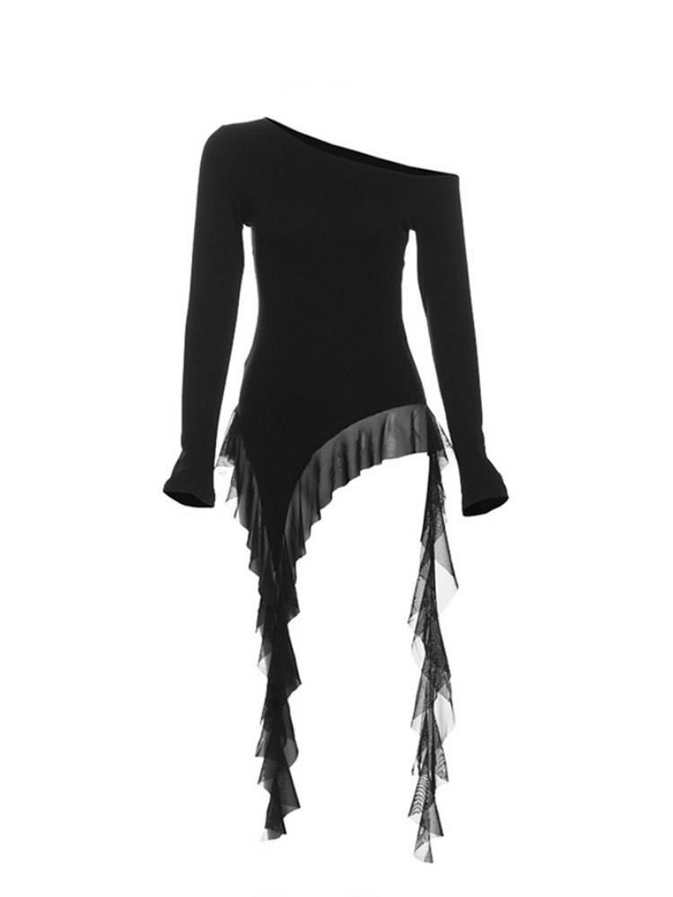 Black one-shoulder dress with ruffled skirt on a white background