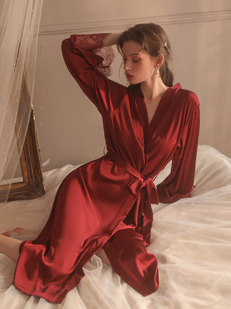 Elegant Lace-Trimmed Silk Robe