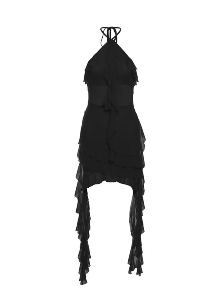 Halter Ruffle Mesh Sheer Mini Dress