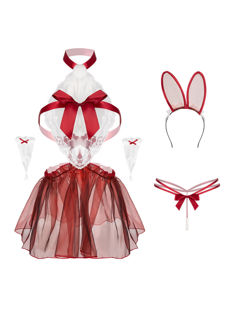 Red and white bunny costume set with dress, headband, and accessories on a white background