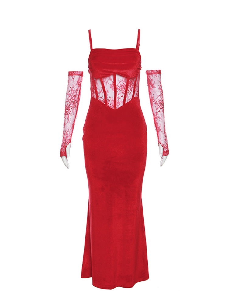 Flat lay view of a red lace corset maxi dress with sheer bodice, lace gloves, and soft flowing fabric design.