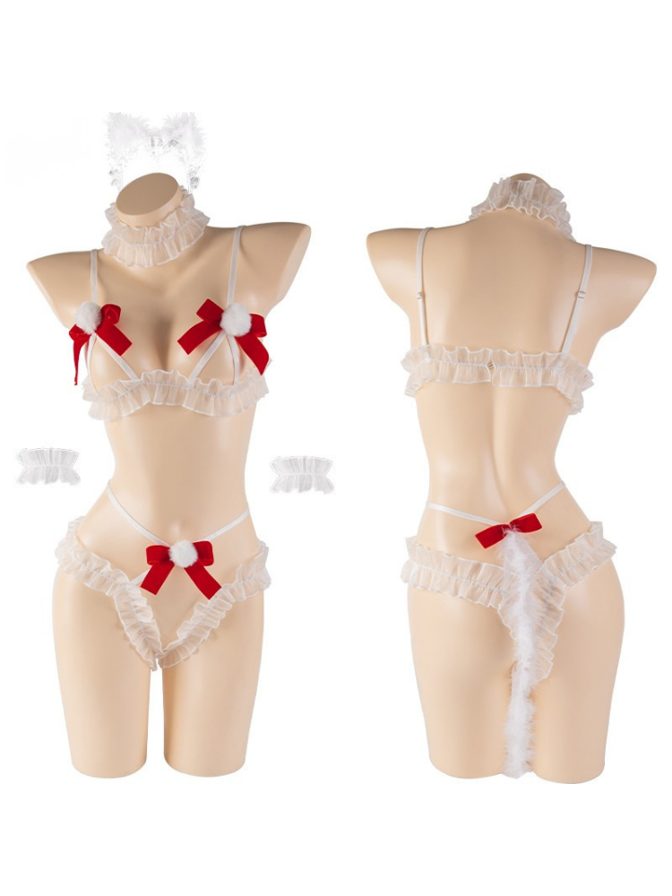Christmas Sheer Lace Lingerie Set White See Through Bow Bra Panty on mannequins against a white background