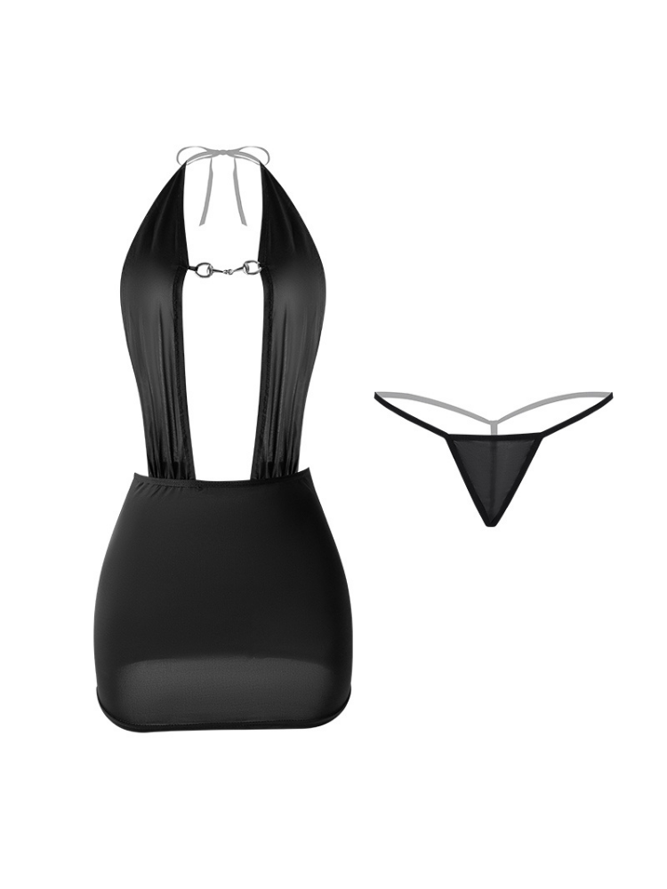 Plunge Halter Ring Detail Black Mini Dress Bodysuit and thong set on a white background