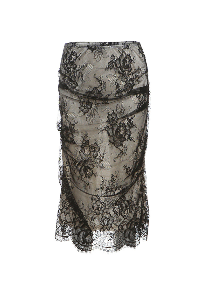 Close-up of the detachable lace skirt - A sheer midi-length skirt with floral lace overlay and delicate scalloped edges.