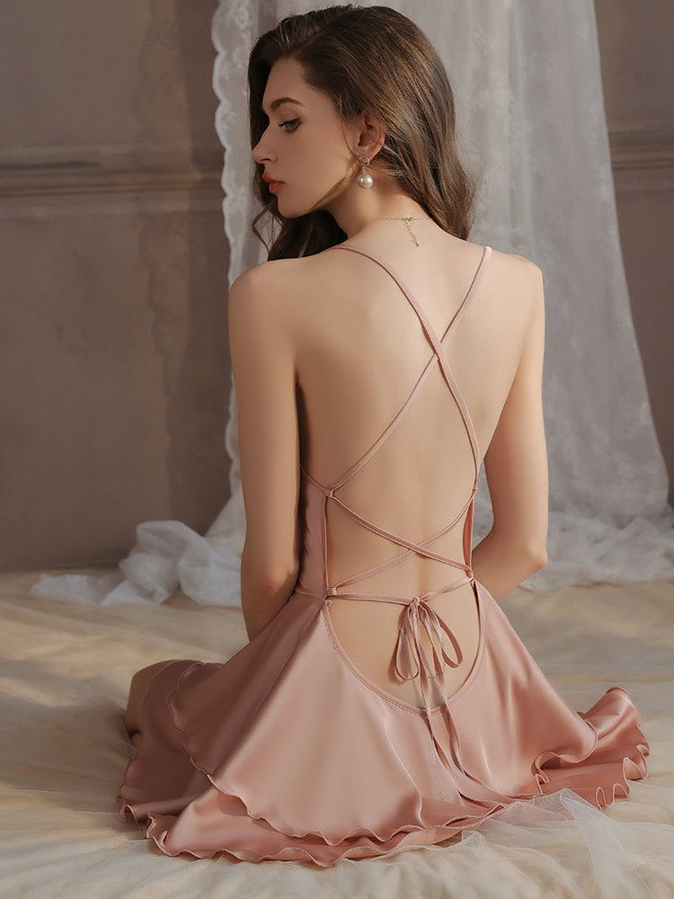 Ruffled Hem Cross Back Satin Slip Dress