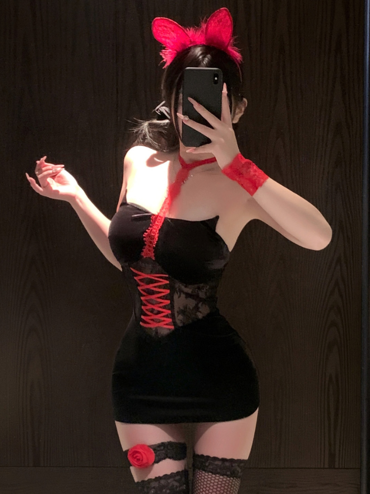 Bunny Ear Red Tie Bodysuit Costume Set standing mirror front view