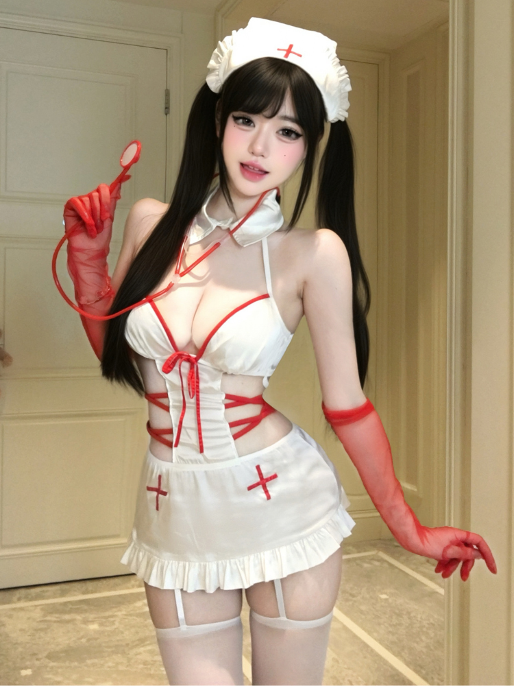 Red Trim Cutout Nurse Costume Set standing front view
