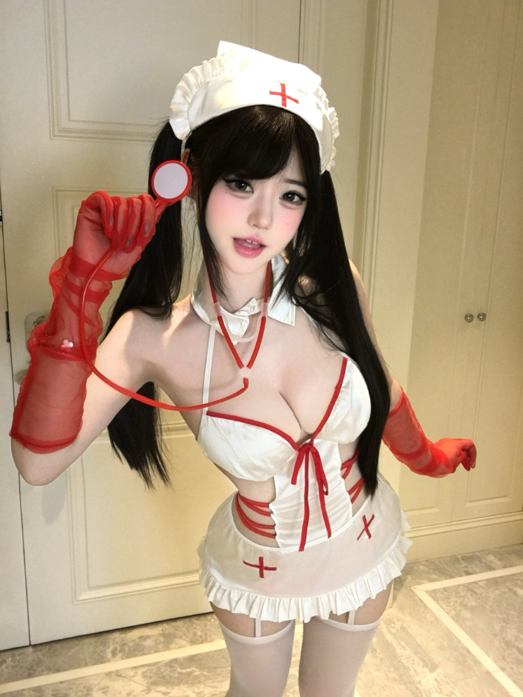 Red Trim Cutout Nurse Costume Set front detail showing headpiece and sleeves