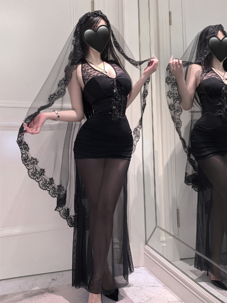 Floral Veil Halter Maxi Bridal Costume Set standing mirror view showing veil border