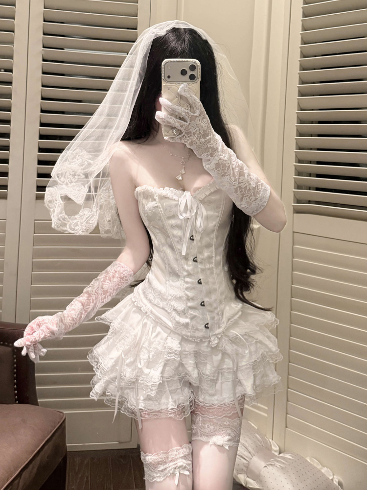 Layered Ruffle Corset Mini Costume Set White standing front view