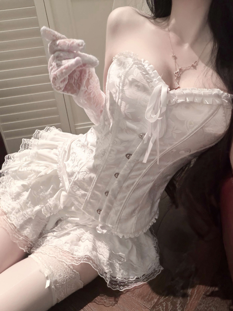 Layered Ruffle Corset Mini Costume Set White bust and front clasp detail