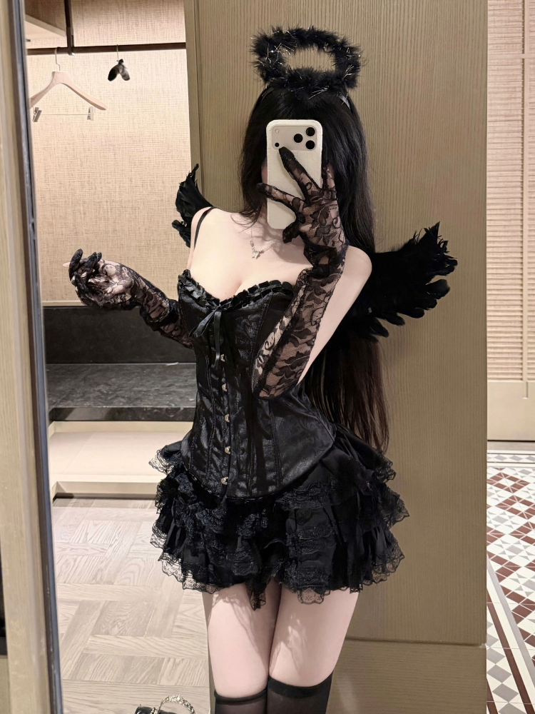 Layered Ruffle Corset Mini Costume Set Black standing front view
