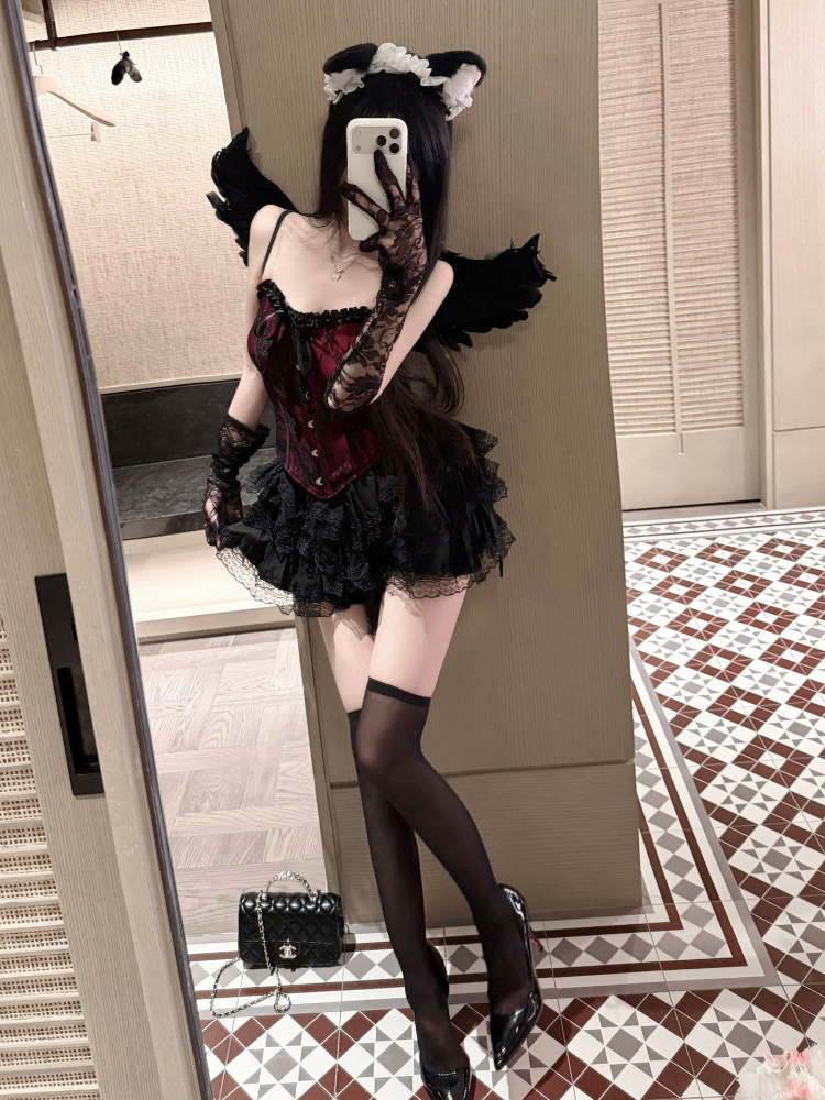 Layered Ruffle Corset Mini Costume Set Red standing front view