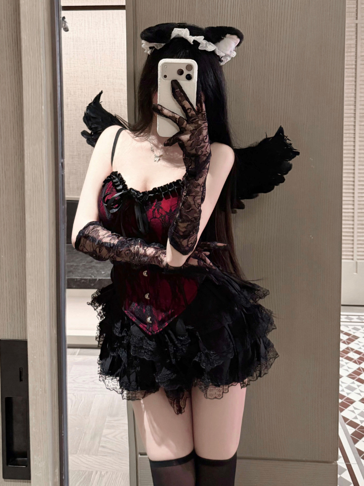 Layered Ruffle Corset Mini Costume Set Red front detail showing floral bust