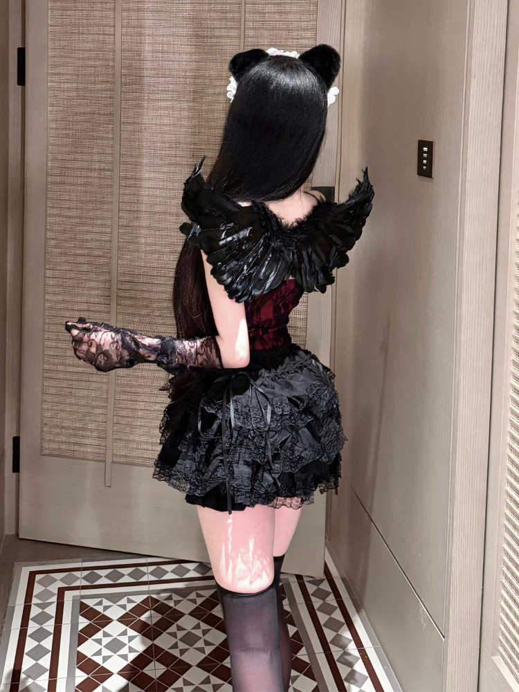Layered Ruffle Corset Mini Costume Set Red rear view showing skirt and wings