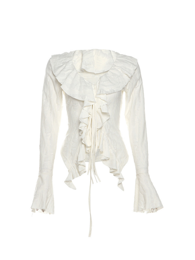 White Ruffle Lace Tie Front Long Sleeve Blouse