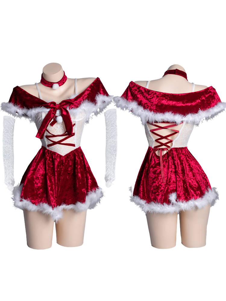 Red and white costume with lace-up front on mannequins against a white background Sexy Lingerie Christmas Velvet Lace Lingerie Set Santa Dress