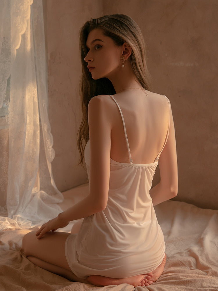 Elegant Charmeuse Nightgown with Delicate Lace Detailing Slip Dress