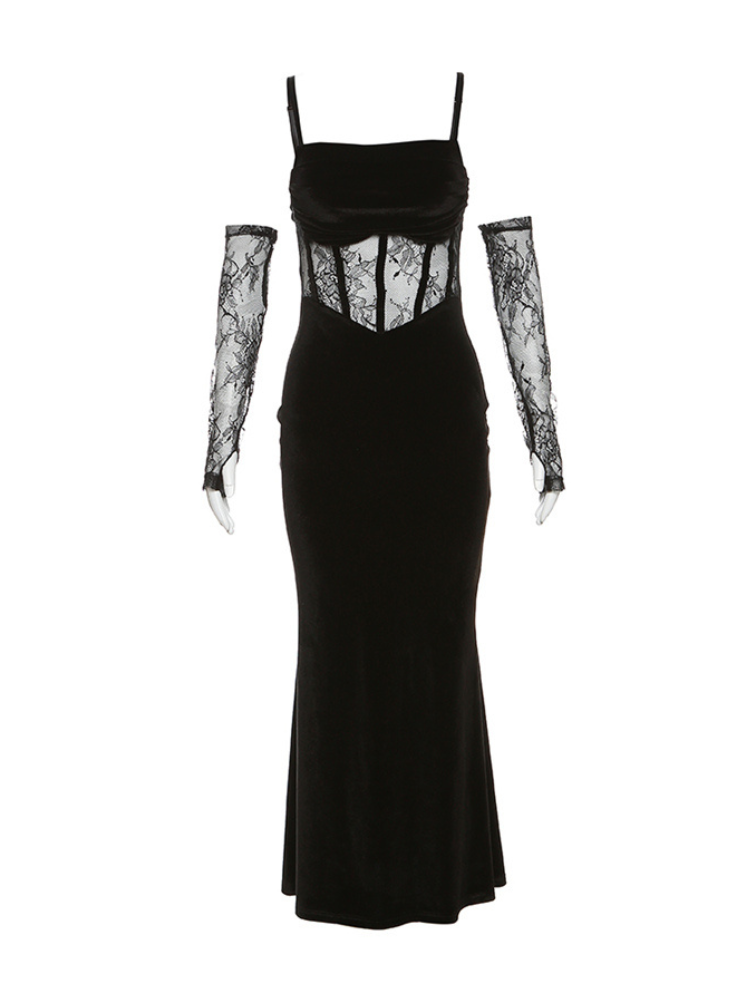 Flat lay view of a black lace corset maxi dress with sheer bodice, lace gloves, and soft flowing fabric design.