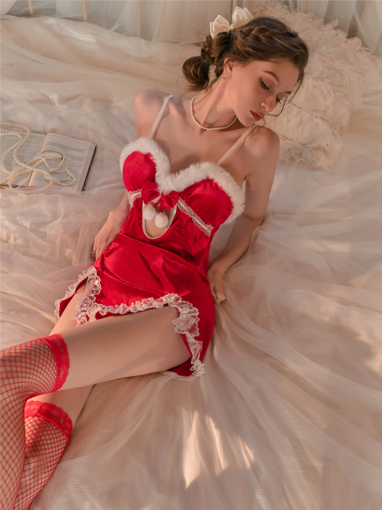 Weihnachts-Babydoll mit Spitzenbesatz