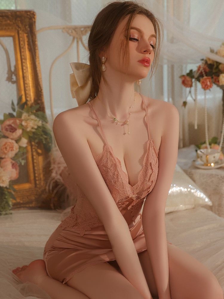 Silken Chemise with Embroidered Lace Slip Dress