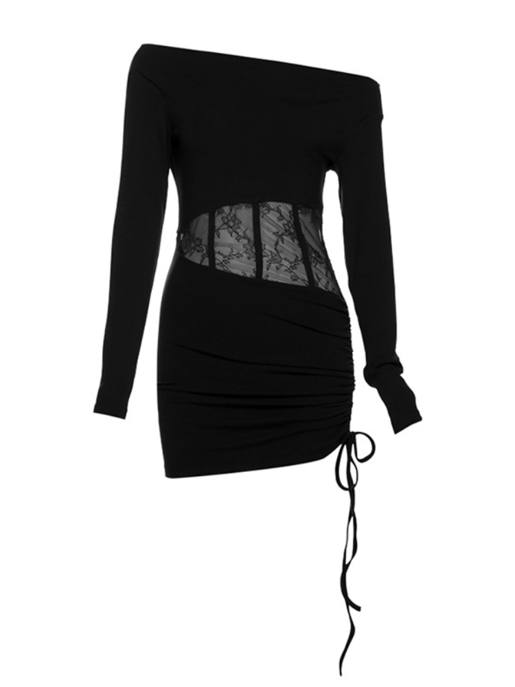 Full view of an off-shoulder black mini dress with lace detailing and a fitted silhouette.