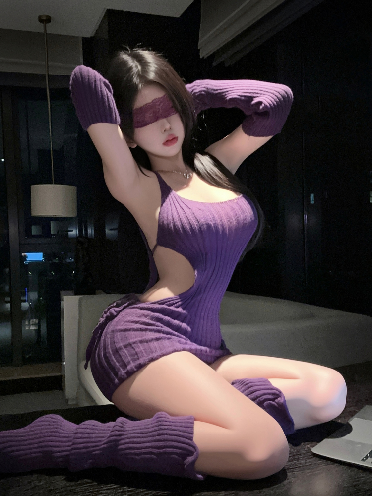 Open Back Side Cutout Mini Lingerie Dress Purple angled front view