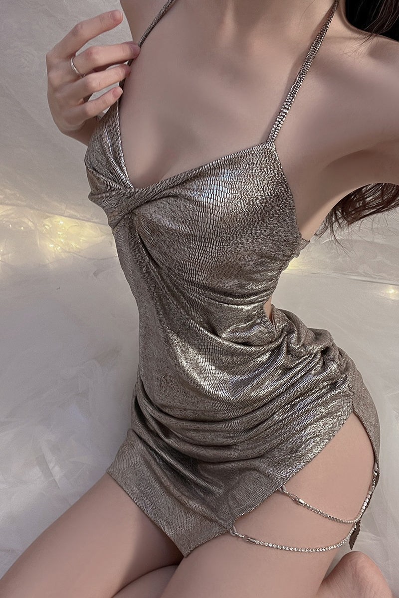 Glamorous Shimmer Slip Dress with Chain Detail