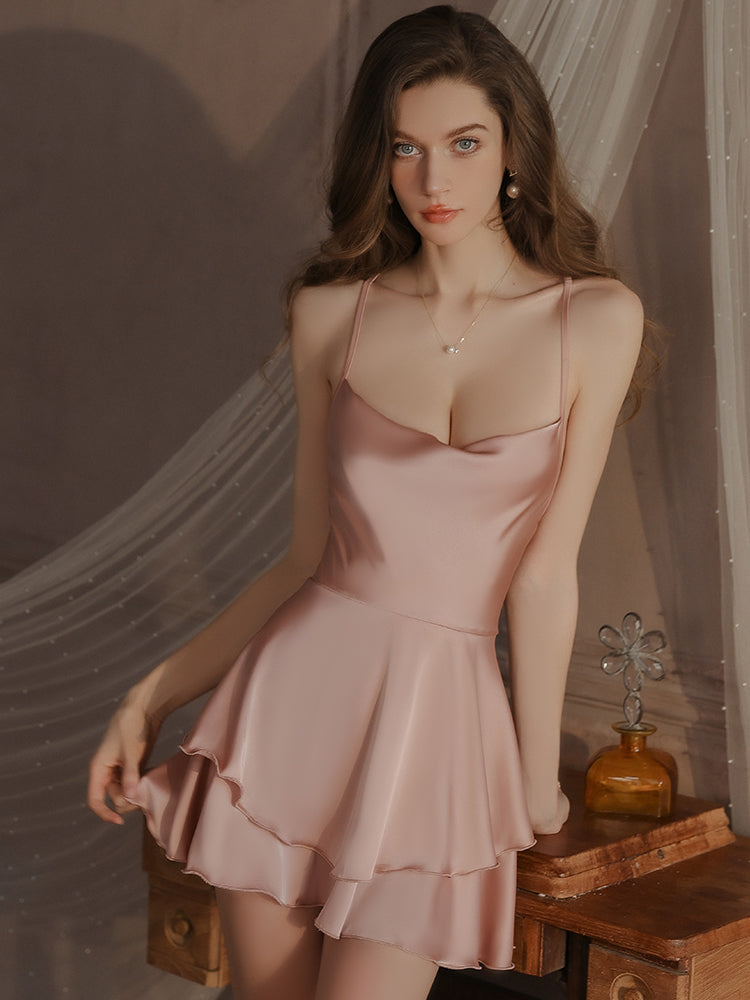 Ruffled Hem Cross Back Satin Slip Dress