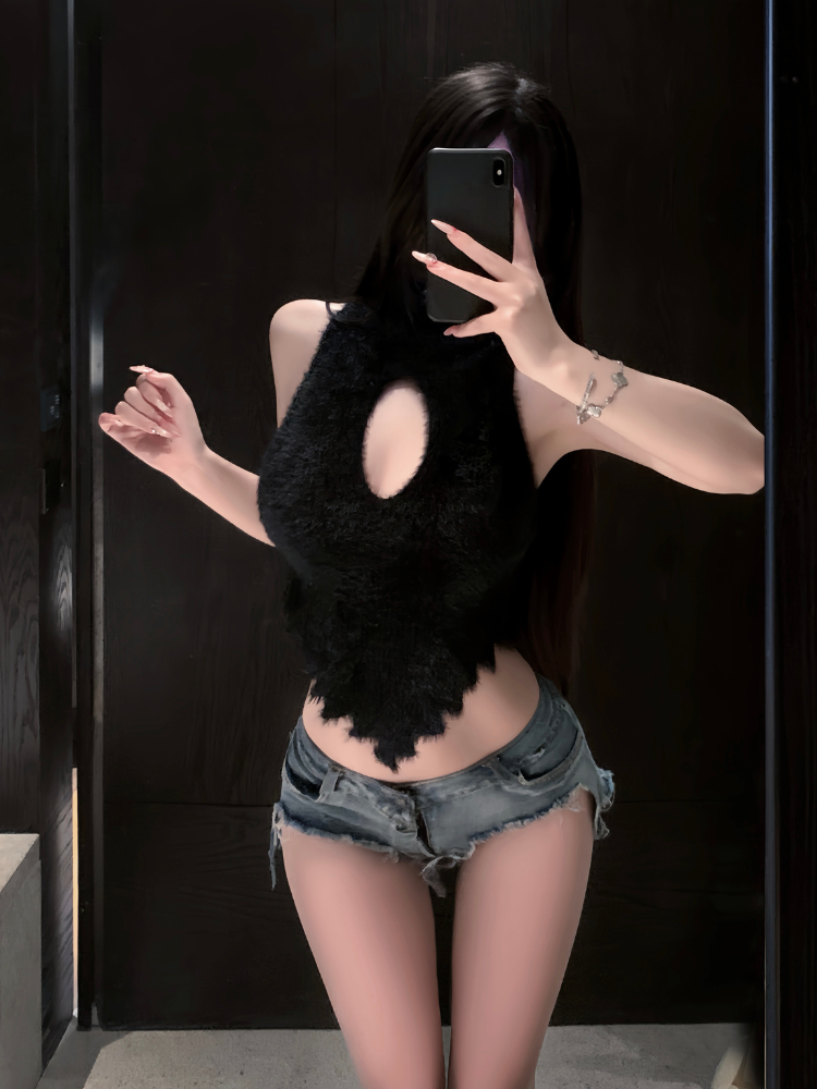Keyhole Open Back Crop Sweater Frayed Shorts Black sweater standing mirror view