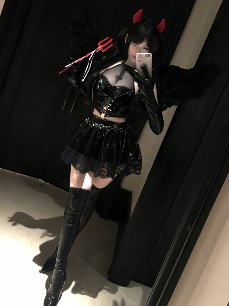 Glossy Cross Neck Corset Skirt Lingerie Set standing mirror view showing full set
