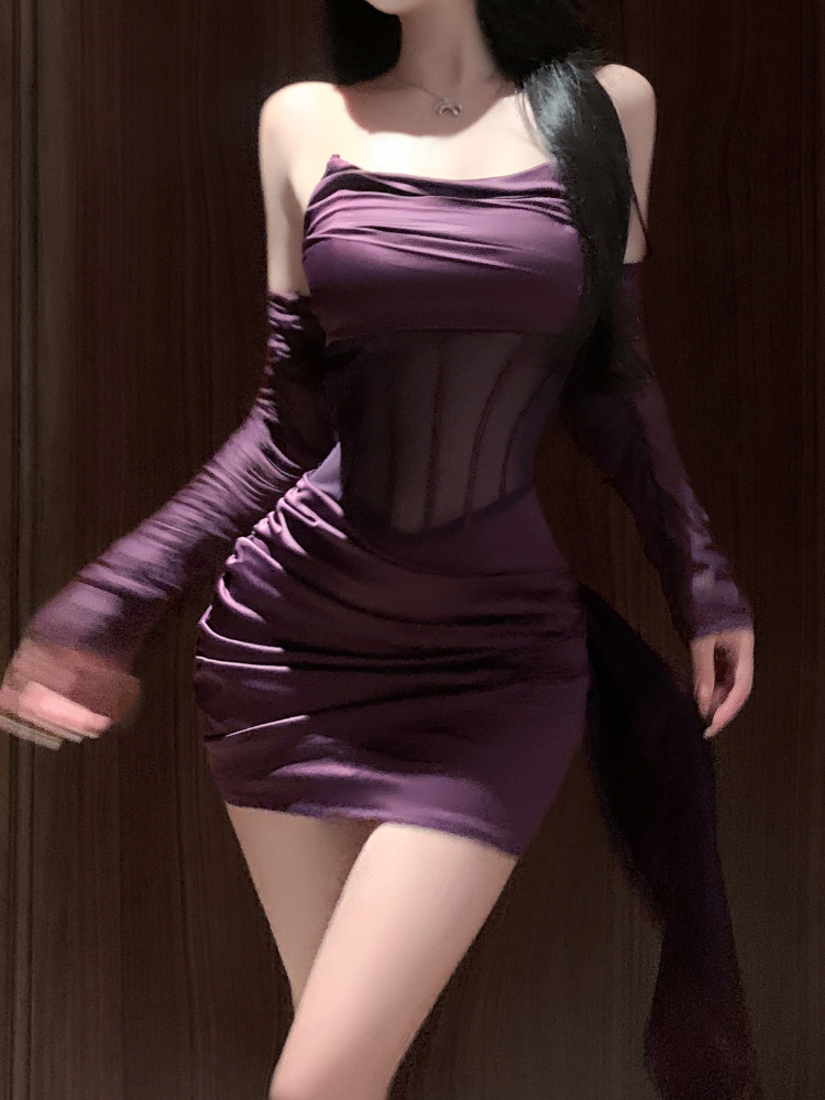 Strapless Sheer Waist Drape Mini Dress Set Purple standing front view