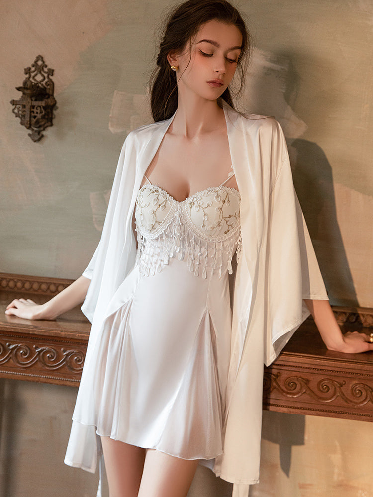 white satin slip dress robe set, pearl fringe dress, bridal lingerie, silk robe, night gown, white slip dress, lace dress.